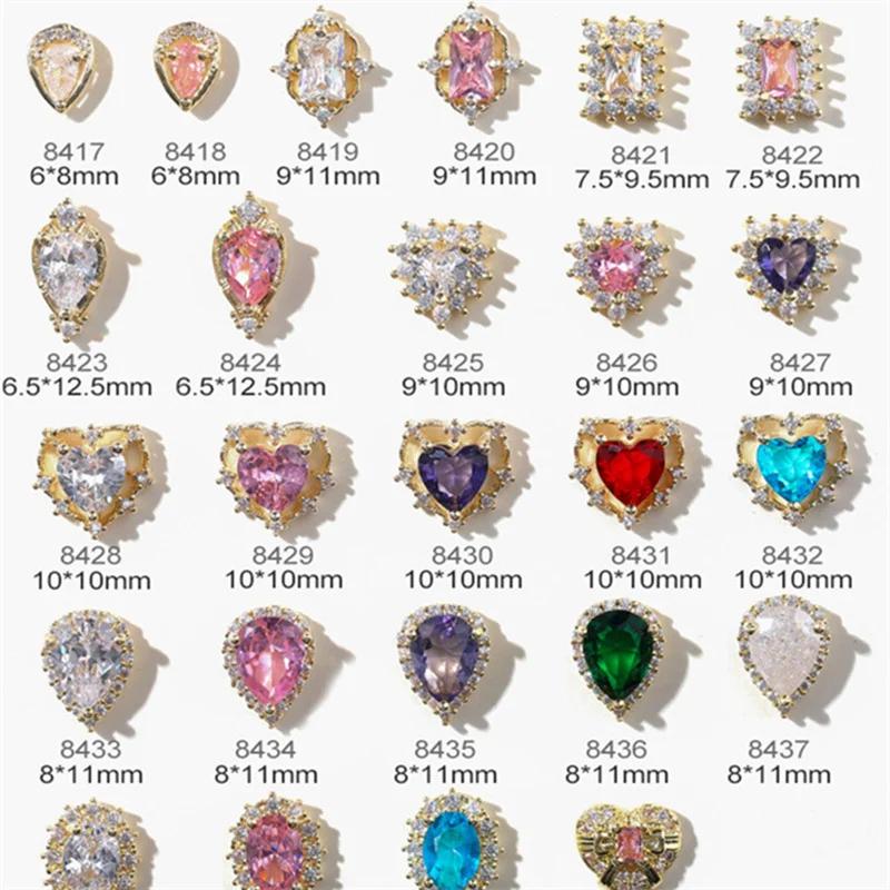 10pcs 3D Nail Art Alloy Zircon Decorat Colored Gem Nail Diamond Charms Heart Square Design Rhinestone Jewelry Luxury